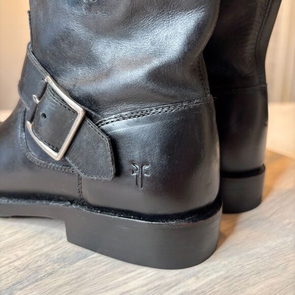 Frye Natalie Engineer Black Leather Short Moto Belted Ankle Boots US Size 5.5 - Picture 5 of 9